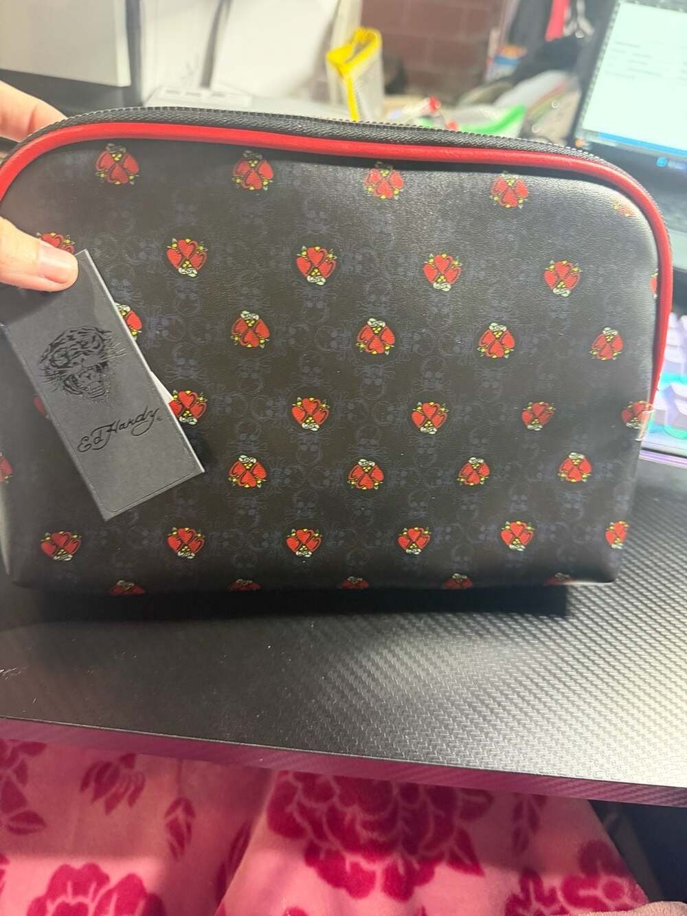 Ed Hardy Love Kills Slowly Tattoo Print Makeup Bag with Skull Charm